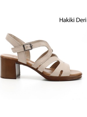 Gönderi(r) Kadın Bej Antik Kalın Topuklu Hakiki Deri Sandalet