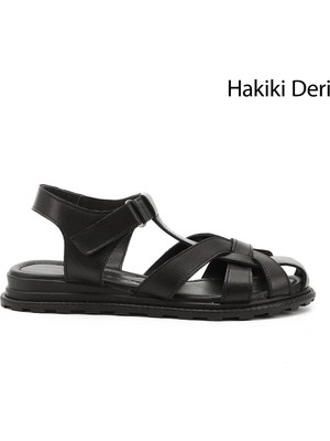Gönderi(r) Kadın Siyah Cırt Bantlı Burnu Kapalı Hakiki Deri Sandalet