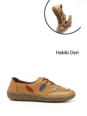 GÖNDERİ Kadın Hardal  Dolgu Taban Bağcıklı Hakiki Deri Comfort Ayakkabı