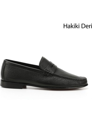 GÖNDERİ Erkek Siyah  Kösele Taban Hakiki Deri Loafer Ayakkabı