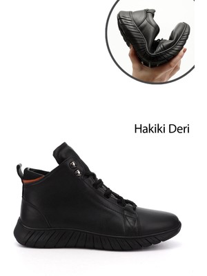 GÖNDERİ Erkek Siyah  Fermuarlı Hakiki Deri Outdoor Bot