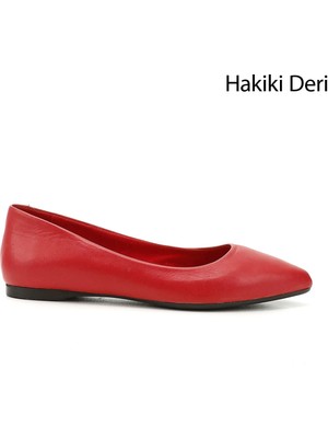 GÖNDERİ Kadın Antik Kırmızı  Sivri Burun Düz Taban Hakiki Deri Babet