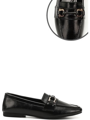 GÖNDERİ Kadın Siyah - Rugan  Tokalı Küt Burun Babet