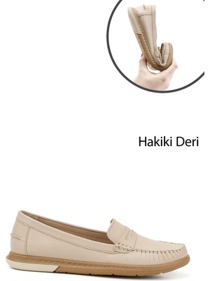 GÖNDERİ Kadın Antik Bej  Rok Hakiki Deri Comfort Loafer