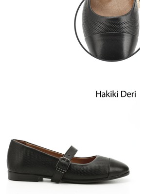 Kadın Siyah Baskılı Mary Jane Hakiki Deri Babet