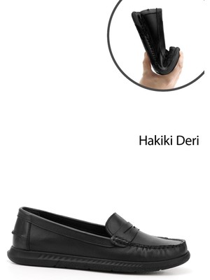 GÖNDERİ Kadın Siyah  Rok Hakiki Deri Comfort Loafer