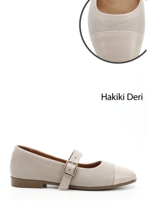 GÖNDERİ Kadın Bej  Baskılı Mary Jane Hakiki Deri Babet