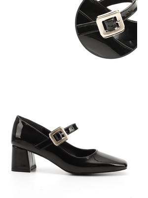 GÖNDERİ Kadın Siyah Rugan  Küt Burun Kare Ökçe Mary Jane Ayakkabı