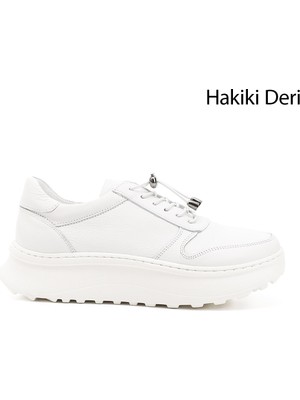Gönderi(r) Kadın Beyaz Lastik Bağcıklı Comfort Dolgu Taban Hakiki Deri Sneaker