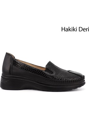 Gönderi(r) Kadın Siyah Deri  Dolgu Taban Hakiki Deri Comfort Ayakkabı