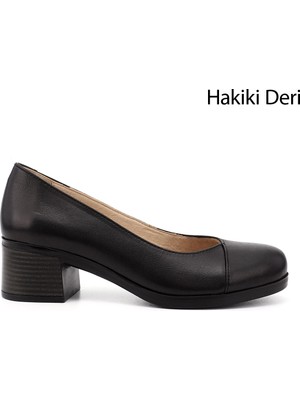 Gönderi(r) Kadın Siyah Kısa Kalın Topuklu Hakiki Deri Ayakkabı