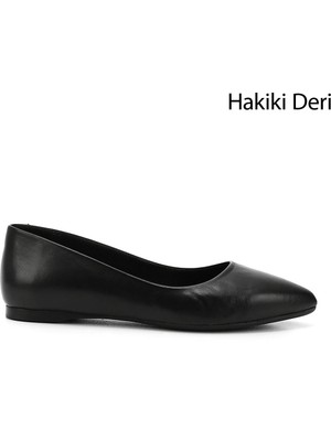 Gönderi® Kadın Siyah Sivri Burun Düz Taban Hakiki Deri Babet