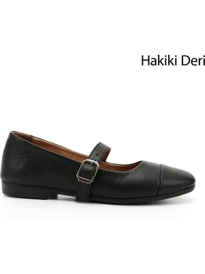 Kadın Kömür Baskılı Mary Jane Hakiki Deri Babet