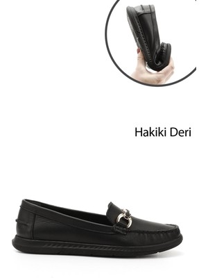 GÖNDERİ Kadın Siyah  Tokalı Rok Hakiki Deri Comfort Loafer