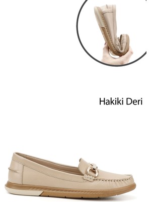 GÖNDERİ Kadın Antik Bej  Tokalı Rok Hakiki Deri Comfort Loafer