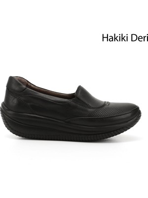 GÖNDERİ Kadın Siyah  Dolgu Taban Hakiki Deri Ayakkabı