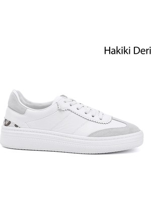 GÖNDERİ Kadın Beyaz  Lastik Bağcıklı Dolgu Taban Hakiki Deri Sneaker