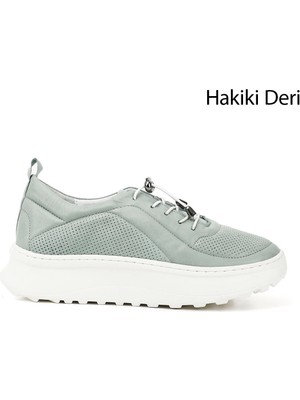 Kadın Su Yeşili Lastik Bağcıklı Comfort Dolgu Taban Hakiki Deri Sneaker