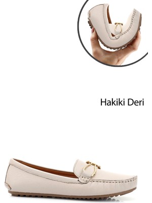 Kadın Bej Tokalı Rok Hakiki Deri Comfort Loafer
