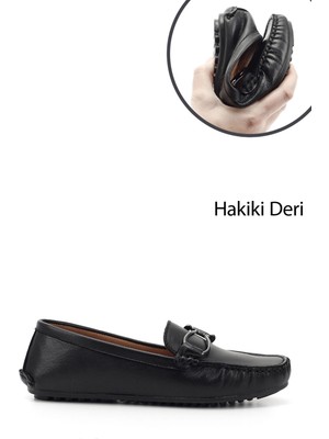 Gönderi(r) Kadın Siyah Tokalı Rok Hakiki Deri Comfort Loafer