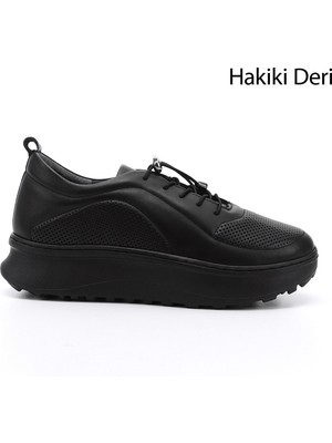 GÖNDERİ Kadın Siyah  Lastik Bağcıklı Comfort Dolgu Taban Hakiki Deri Sneaker