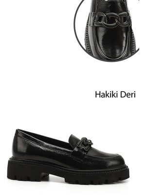 GÖNDERİ Kadın Siyah Rugan  Kalın Topuklu Tokalı Hakiki Deri Loafer Ayakkabı