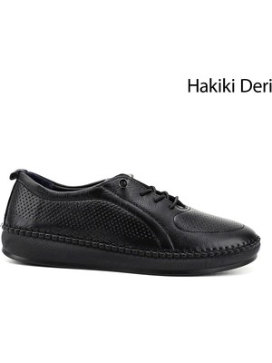 GÖNDERİ Kadın Siyah  Lastik Bağcıklı Hakiki Deri Comfort Ayakkabı