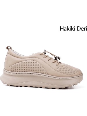 GÖNDERİ Kadın Nude  Lastik Bağcıklı Comfort Dolgu Taban Hakiki Deri Sneaker