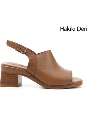 GÖNDERİ Kadın Taba Antik  Kalın Topuklu Hakiki Deri Sandalet