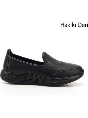 Gönderi® Kadın Siyah Dolgu Taban Hakiki Deri Comfort Ayakkabı