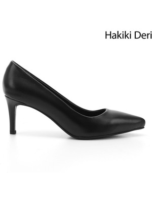 GÖNDERİ Kadın Siyah  Platinum Sivri Burun İnce Topuklu Hakiki Deri Stiletto