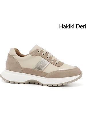 GÖNDERİ Kadın Bej  Dolgu Taban Lastik Bağcıklı Hakiki Deri Sneaker