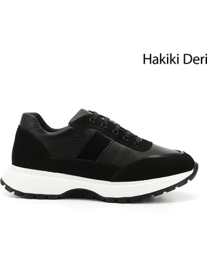 GÖNDERİ Kadın Siyah  Dolgu Taban Lastik Bağcıklı Hakiki Deri Sneaker