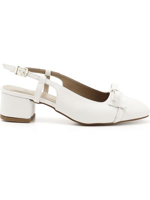 Kadın Beyaz Fiyonklu Kısa Kalın Topuklu Arkası Açık Ayakkabı