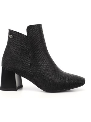 GÖNDERİ Kadın Siyah Deri  Fermuarlı Kalın Topuklu Bot