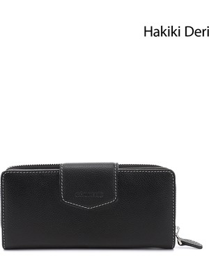 GÖNDERİ Kadın Siyah Deri  Yatay Hakiki Deri Cüzdan