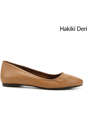 GÖNDERİ Kadın Açık Taba  Sivri Burun Düz Taban Hakiki Deri Babet