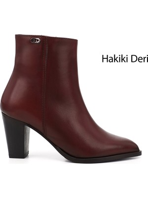 GÖNDERİ Kadın Bordo  Fermuarlı Sivri Burun Hakiki Deri Bot