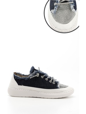 Kadın Lacivert Kot Triko Taşlı Comfort Dolgu Taban Sneaker