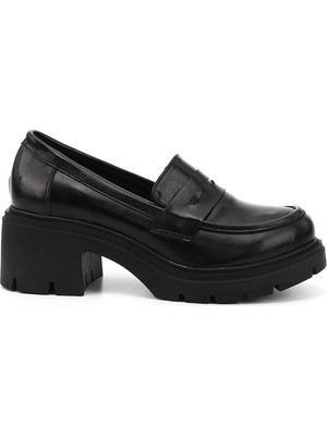 GÖNDERİ Kadın Siyah  Kalın Topuklu Loafer Ayakkabı