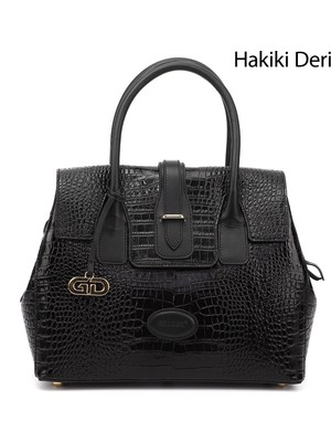 GÖNDERİ Kadın Siyah - Kroko  Hakiki Deri El ve Omuz Çantası
