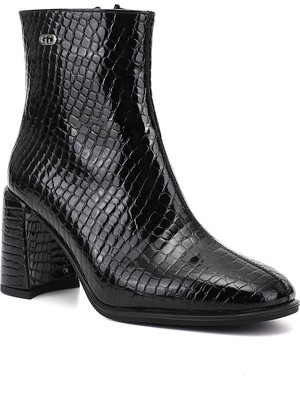 GÖNDERİ Kadın Siyah - Kroko  Fermuarlı Küt Burunlu Kalın Topuklu Bot