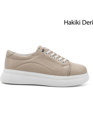 Gönderi(r) Kadın Bej Lastik Bağcıklı Comfort Dolgu Taban Hakiki Deri Sneaker
