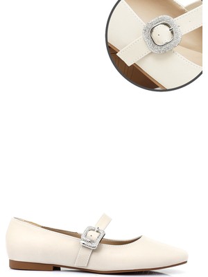 Gönderi® Kadın Bej Saten Taşlı Bilekten Bağlı Mary Jane Babet