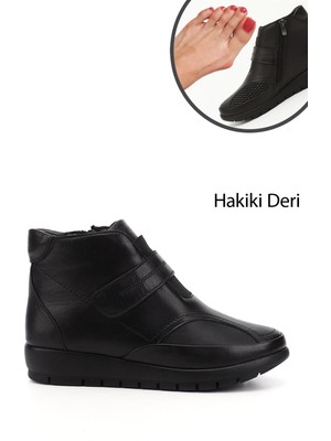 GÖNDERİ Kadın Siyah  Fermuarlı Kemik Çıkıntısına Özel Hakiki Deri Bot