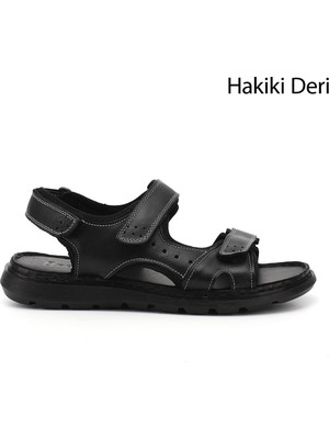 Erkek Siyah Ayarlanabilir Cırt Bantlı Hakiki Deri Sandalet