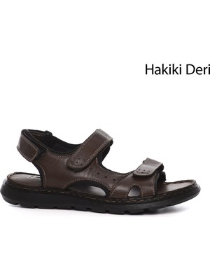 GÖNDERİ Erkek Kahverengi  Ayarlanabilir Cırt Bantlı Hakiki Deri Sandalet