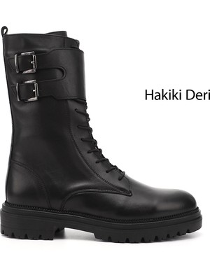 GÖNDERİ Kadın Siyah  Fermuarlı Hakiki Deri Postal Bot