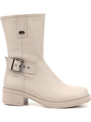 GÖNDERİ Kadın Ten  Fermuarlı Küt Burun Kalın Topuklu Biker Bot