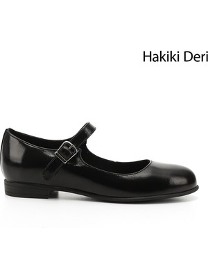 GÖNDERİ Kadın Siyah Rugan  Bilek Bağlı Mary Jane Hakiki Deri Babet